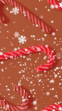 Candy canes with snowflakes and stars animation on brown background