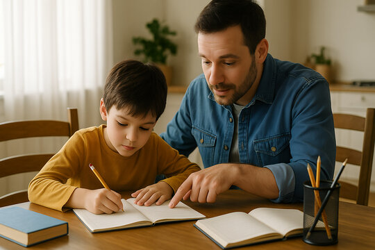 hispanic father helping son with homework - Powered by Adobe