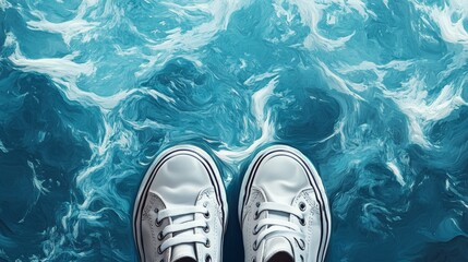 White sneakers walking on abstract painted wavy ocean: surreal effect