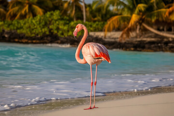 Flamingo on Beach at Renaissance Island, Oranjestad Aruba, Exotic Caribbean Wildlife Scene