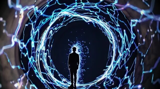 Silhouette in neon tunnel. Futuristic data streams build digital network. Interface overlays immersive hologram effects. Neon tunnel shapes technology scene. Digital data connects futuristic tunnel.