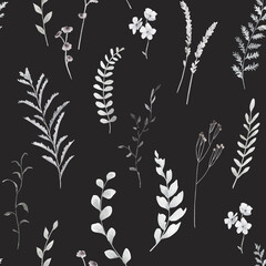 Watercolor seamless pattern. Herbal print. Monochrome hand drawn illustration on black background.