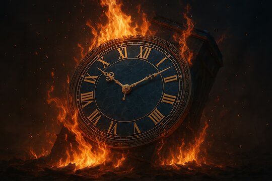 An ancient clock tower caught in flames, illustrating the concept of time burning away in a fiery apocalypse, with Roman numerals and fire engulfing it, time burning background