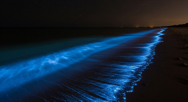 Electric blue light from bioluminescent plankton illuminates the ocean tide on a remote sandy shore.