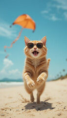 Adorable Ginger Cat Wearing Sunglasses Running on Beach with Kite in Background