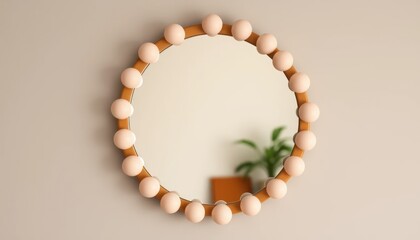 Stylish round mirror with decorative lights on a neutral wall