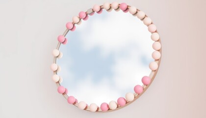 Stylish Round Mirror with Pink and White Beads on a White Background