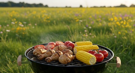 A colorful outdoor barbecue scene with chicken, vegetables, and corn grilling in a sunny meadow