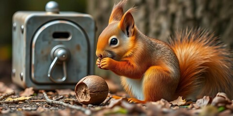Obraz premium Red squirrel gnawing nut, key & lockbox nearby, winter, squirrel