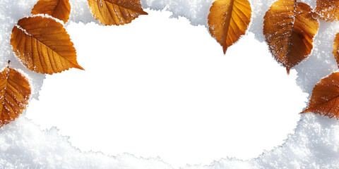 Golden brown autumn leaves covered in frost create a natural border on white snow.