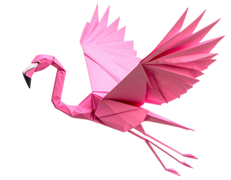 Minimalist Pink Origami Flamingo in Flight Pose, Wings Extended, Diagonal View, Transparent Background