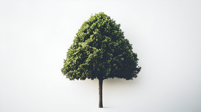 A single, lush green tree stands against a stark white background, its leaves forming a dense, triangular crown.