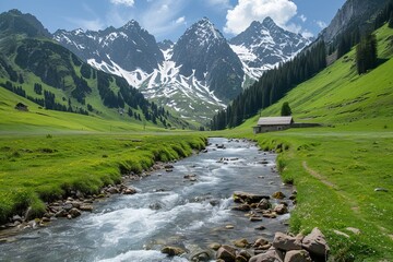 Obraz premium Serene alpine valley with snow capped peaks, clear river, green meadows, and cozy chalet