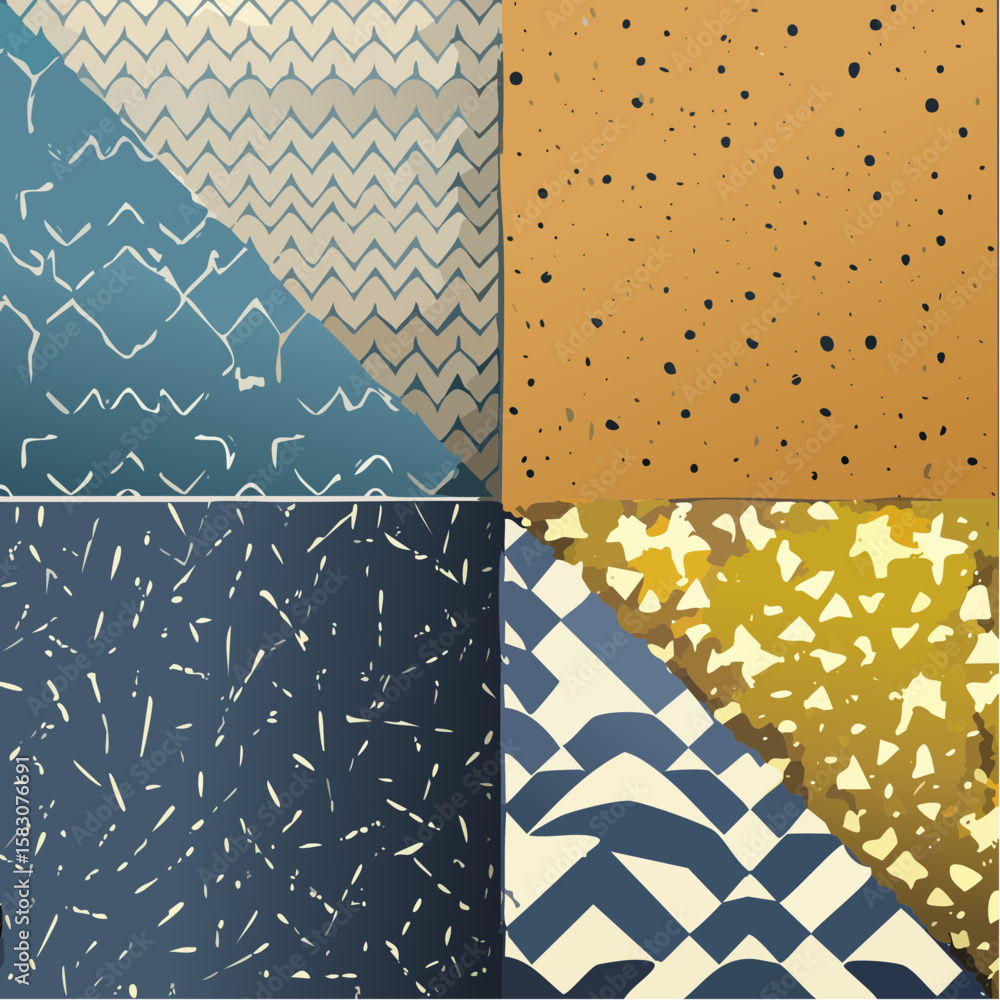 Poster abstract geometric patterns collage in muted tones, featuring textured backgrounds and various shape