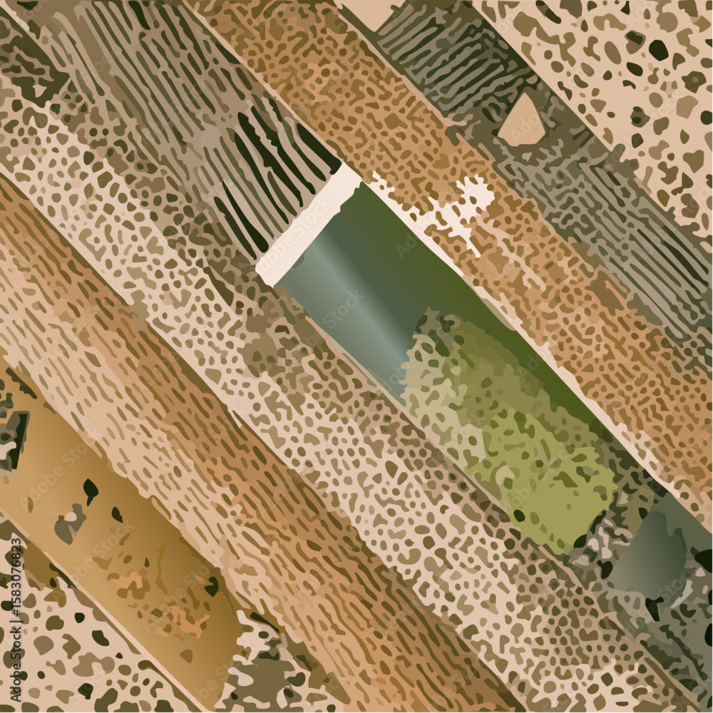 Poster abstract image of diagonal textured bars in shades of brown, beige, and green, creating a patterned 