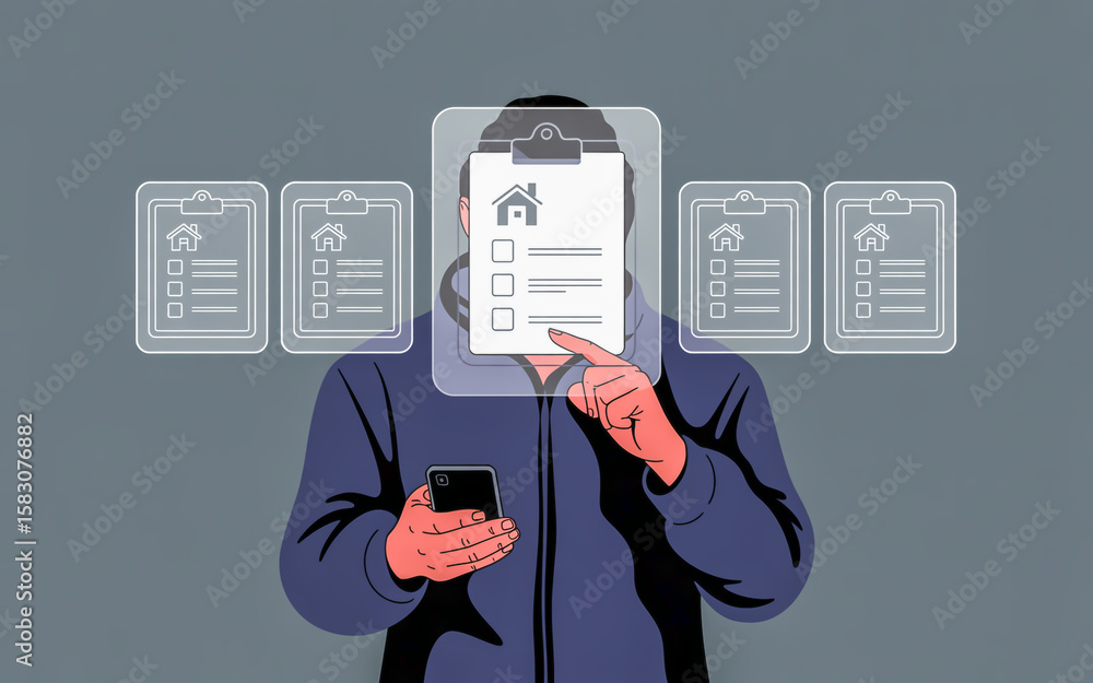 Poster person checking property list on digital interface