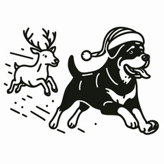 Adult Rottweiler Dog wear santa hat chasing a runaway reindeer. Christmas Holiday Clipart Line Art Vector Illustration Xmas. Grown canine in cap pursue escaping caribou.