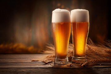 Cold Beer in Tall Glasses on Rustic Table