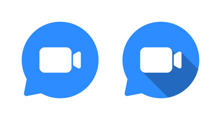Video call icon in chat bubble. Online meetings and virtual communication symbol with long shadow