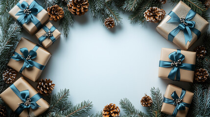 Presents frame white space. Gifts with teal ribbons, pinecones and pine sprigs. For Christmas promotions, design, or web use.