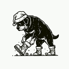 Fototapeta premium Adult Rottweiler Dog wear santa hat stumbling in oversized Christmas boots. Holiday Clipart Line Art Vector Illustration Xmas. .