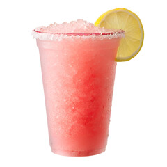 Pink lemonade slush in a clear cup with slushy texture and a lemon wedge on the rim, sugary rim around the cup’s edge, studio lit