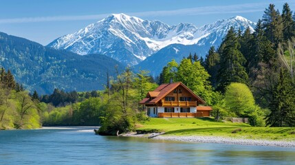 Fototapeta premium Serene alpine valley with snow capped mountains, clear river, lush meadows, and charming chalet
