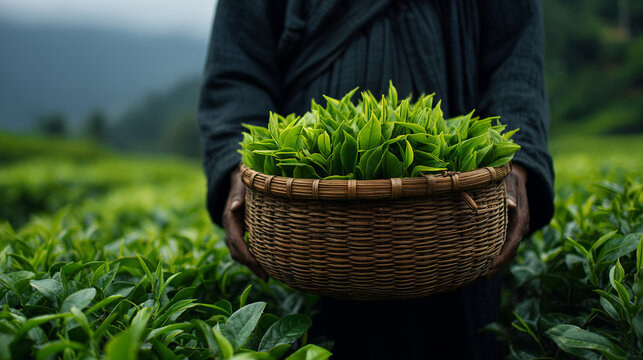 Harvested Tea Leaves Held in Round Wicker Basket