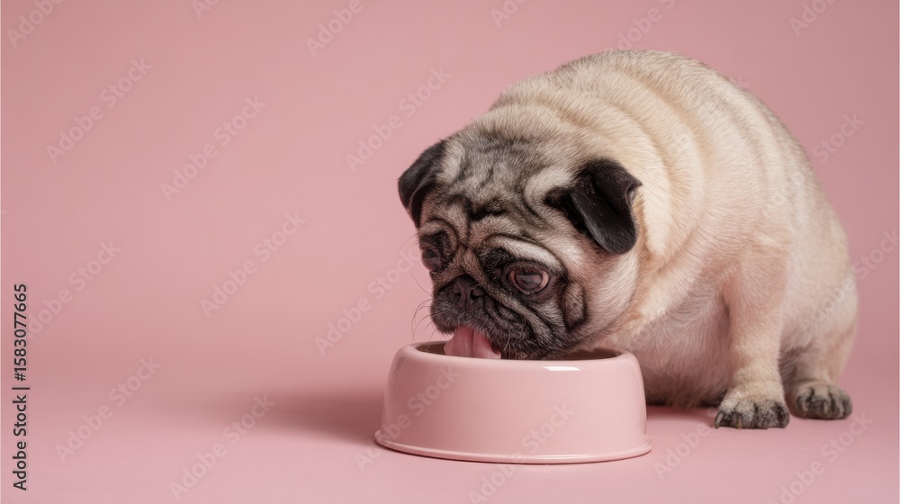 Poster pug enjoying meal in a pink minimalist setting with a clean bowl and a playful expression on the sid