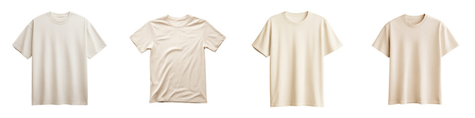 Naklejka premium Four beige short-sleeve t-shirts are presented side by side in different styles on a transparent background.