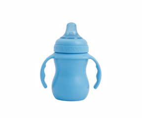 Isolated bright blue training sippy cup illustrating toddler feeding stage and childhood development on an isolated surface
