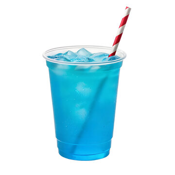 Blue raspberry drink in a clear cup with vibrant neon blue liquid, ice cubes, and a twisty striped straw, isolated on a transparent background