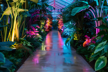 Futuristic cyberpunk scene in a garden surrounded by trees and scattered leaves, glowing with neon lights and vibrant electronic colors — a creative blend of nature and high-tech aesthetics.