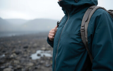 A solo traveler hands gripping backpack straps, wearing a dark teal waterproof jacket . Grey volcanic landscape. Advanture reflextion mood. Copy space.