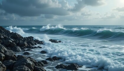 Obraz premium Powerful ocean waves crashing against a rocky shore, dramatic sky