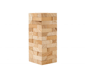 Tower of Wooden Blocks Skillfully Stacked Representing Strategy Game on Isolated Background