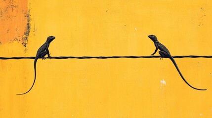 Two lizards resting on a wire against a yellow wall