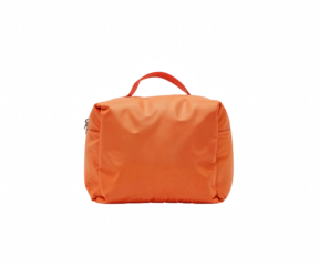 Vibrant orange insulated food container or lunch bag with a convenient carry handle, photographed in a detailed close-up view