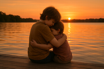 brother and sister sitting on the pier at sunset