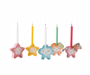 Whimsical Array, Vibrant Birthday Candles Nestled in Fantastical Holders Sparking Joy and Celebration in a Playful Display