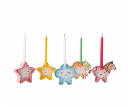 Whimsical Array, Vibrant Birthday Candles Nestled in Fantastical Holders Sparking Joy and Celebration in a Playful Display