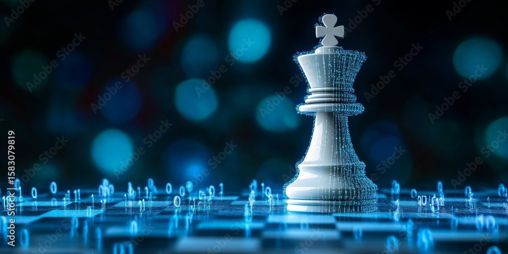 Poster elegant chess king illustration on a dark chessboard with binary digits and modern strategy concept