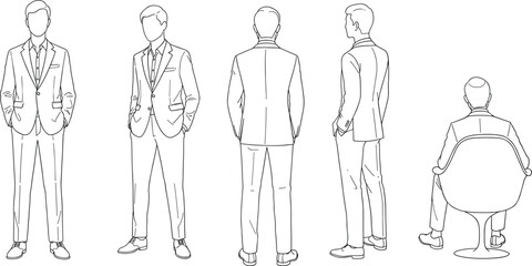 Suit model cad drawing flat vector illustration, five black views of man in tailored outfitSuit model cad drawing flat vector illustration, five black views of man in tailored outfit