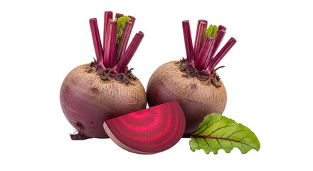 Isolated Two Beetroots with a Slice and Leaf