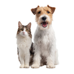 Friendly dog and calm cat sitting together closely on a black background