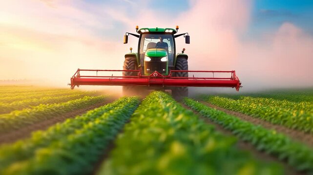 Modern tractor with wide harvesting attachment moving through lush green crop rows during golden hour. Precision agriculture technology working across cultivated field at sunrise.