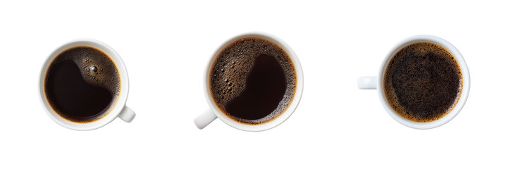 Obraz premium Three cups of dark brewed coffee sit in white mugs, viewed from overhead