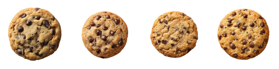 Four chocolate chip cookies arranged in a row on a black background, displaying their golden-brown baked texture and scattered chocolate chips
