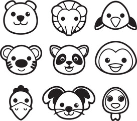 Set of Black and White Cute Animal Faces - Vector Icon Collection