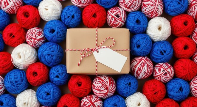 Photo of a gift box surrounded by colorful yarn balls creates a festive and crafty background